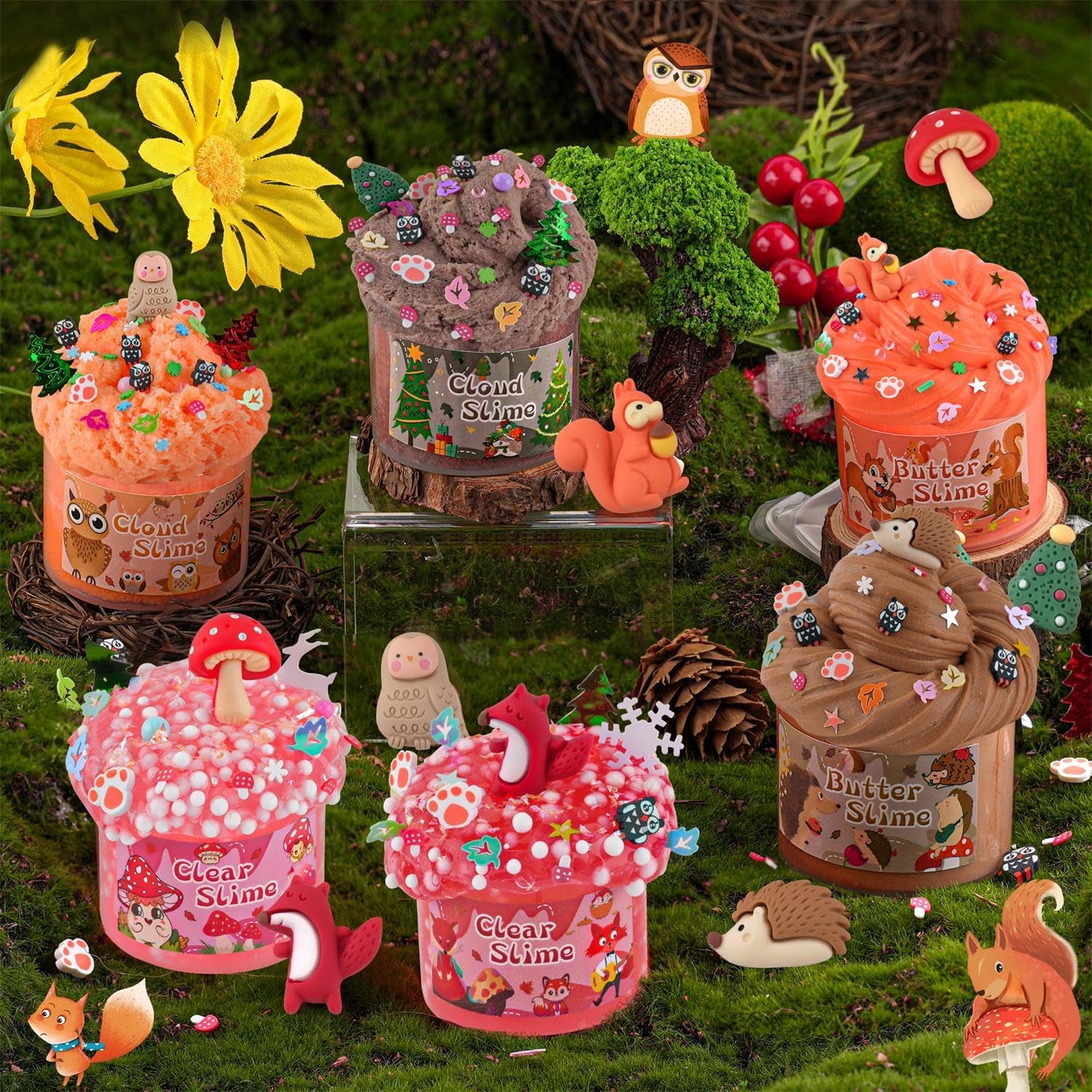 LAWOHO Lot de 6 kits de slime forestier, textures de beurre, de nuage et de slime transparent, 360 ml, compléments sur le thème de la forêt, à partir de 4 ans